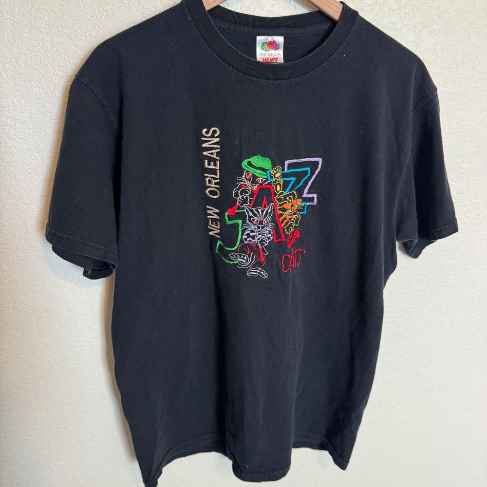 Vintage New Orleans Jazz Cats Embroidered Tee L Black Streetwear